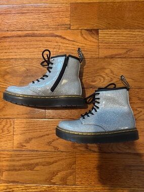 Little Girls Dr. Martens Silver Glitter Lace-Up Combat Boots